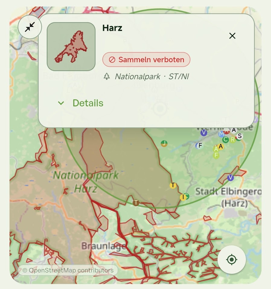 Schutzgebiete in der Kartenansicht der App